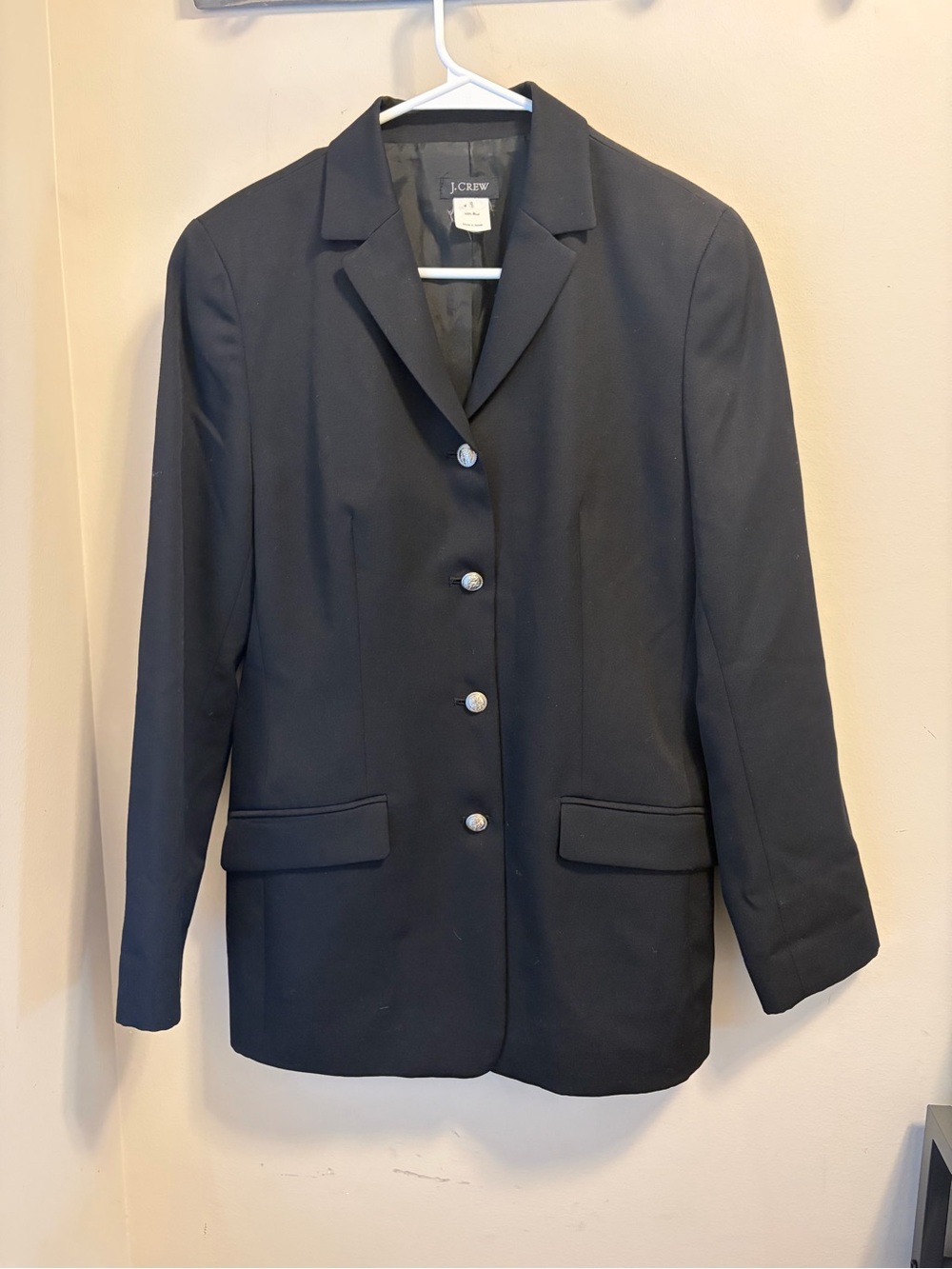 Vintage J.Crew Womens 8 Black Wool Blazer Made Japan Crest Buttons Preppy
